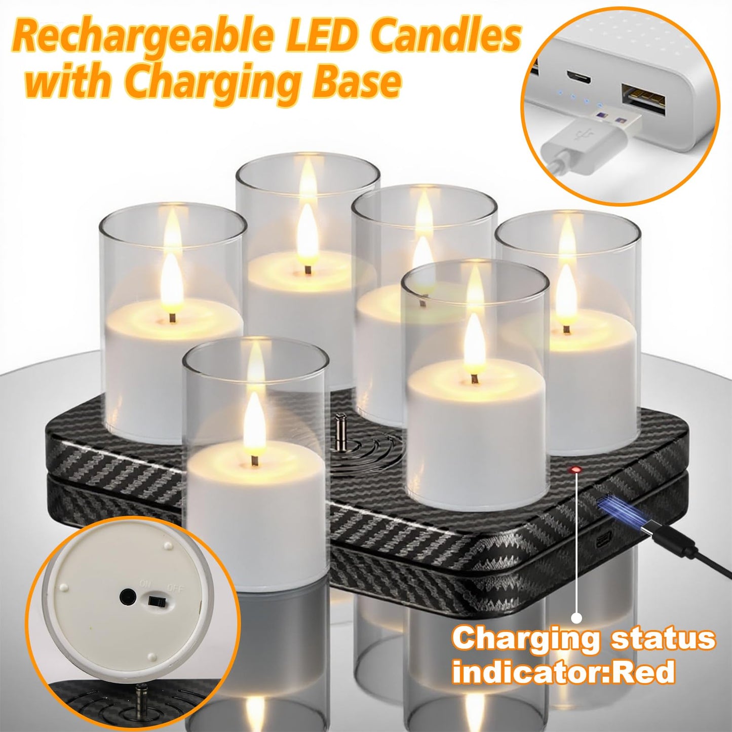 GenSwin Rechargeable Votive Candles Battery Operated, 6 Pack LED Candles with Charging Base, Acrylic Shell Tea Lights with 6H Timer for Halloween Decorations(Clear)