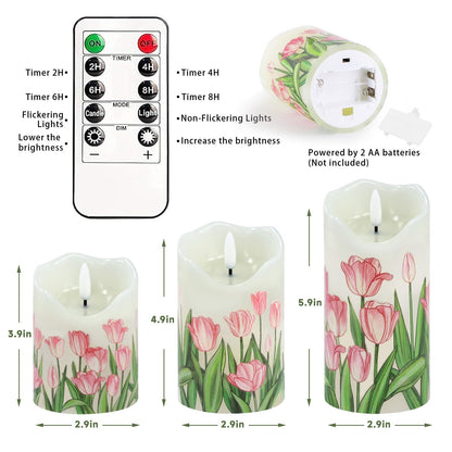 VEEKI Flameless Candles Light, Set of 3 Flickering Tulip Pillar Candles with Remote & Timer, Dimmable Real Wax Electric LED Candles Battery Operated, Mother's Day Birthday Gift for Mom Grandma Women