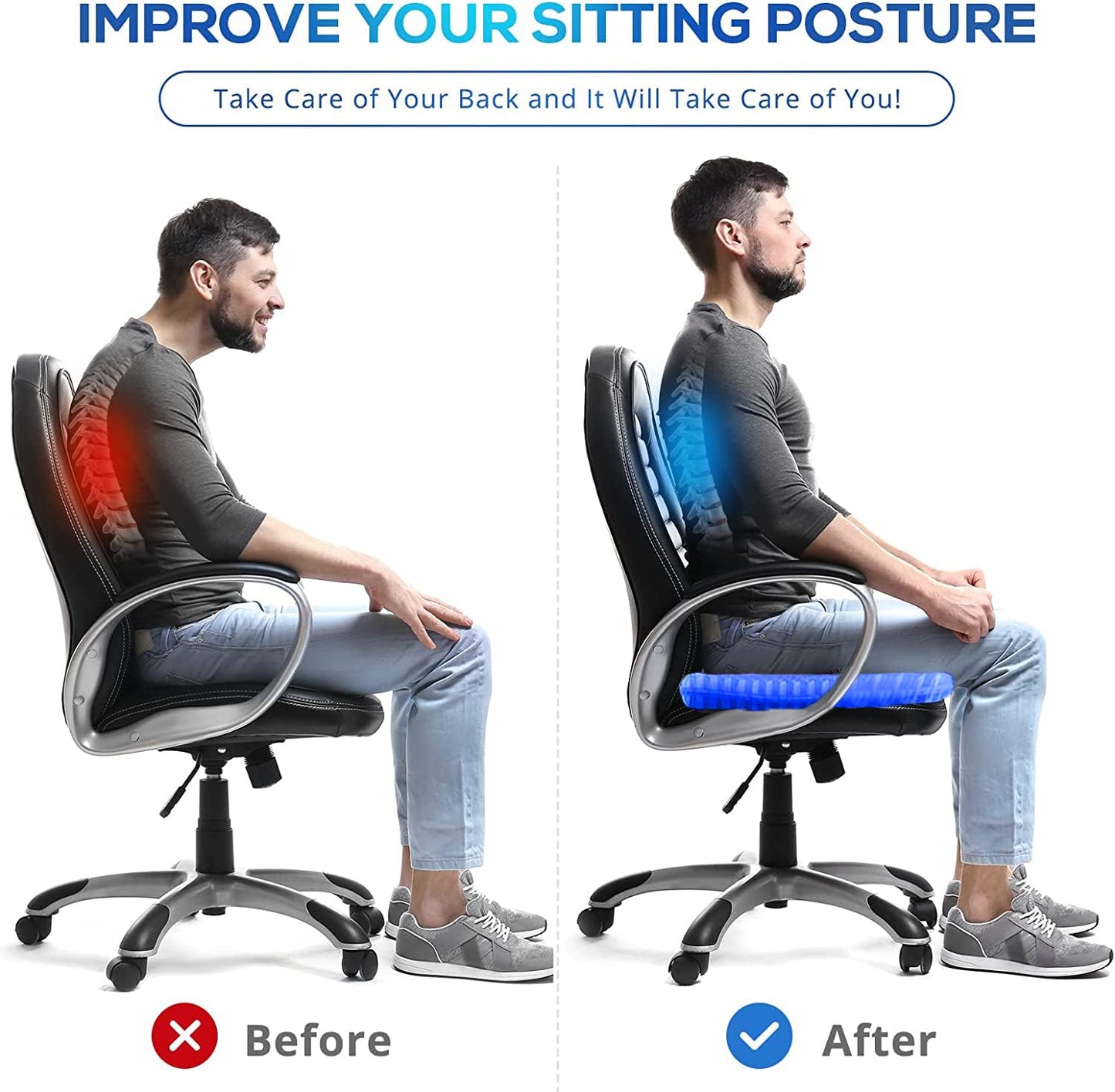 Gel Seat Cushion for Long Sitting Pressure Relief(Super Large&Thick) -Wheelchair Cushion for Pressure Sores - Coccyx,Sciatica & Tailbone Pain Relief Cushion- Non-Slip Butt Pillow for Office, Home, Car