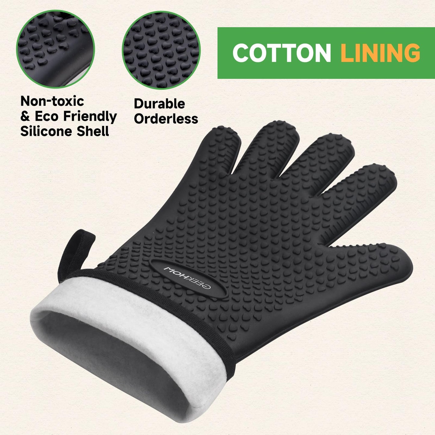 GEEKHOM BBQ Gloves, Grilling Gloves Heat Resistant Oven Gloves, Kitchen Silicone Oven Mitts, Long Waterproof Non-Slip Pot Holder for Barbecue, Cooking, Baking, Black