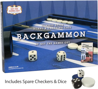 Get The Games Out Top Backgammon Set - Classic Board Game Case - Best Strategy &amp Tip Guide - Available in Small Medium and Large Sizes (Blue Large)