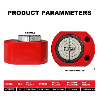 BIG RED ATRB2030R Torin Power Hydraulic Ram Cylinder Jack: Single-Acting Mini Jack, 2.44" Stroke for Shipbuilding, Bridge, Construction, Precision Machinery, Small Spaces - 30 Ton (60,000 lb) Capacity