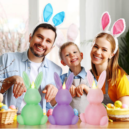 Leorate 3PCS Easter Bunny Flameless Candles – 7.5" Battery Operated LED Rabbit Candles with Flickering Flame, Green Purple Pink Real Wax Finish for Easter Decor, Table Centerpiece & Spring Home