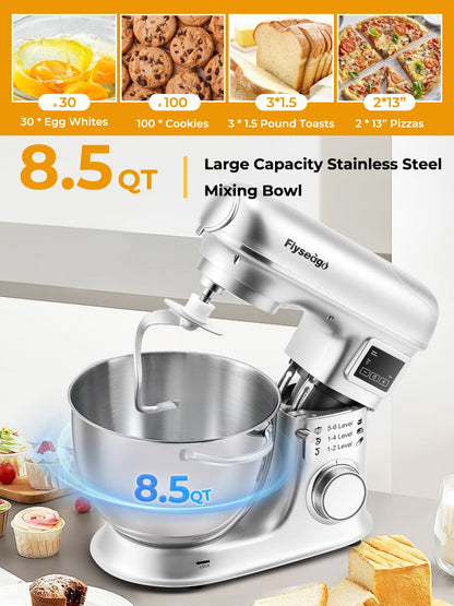 Flyseago Stand Mixer 8-IN-1 8.5 Qt 2000W Multifunctional Fermentation Electric Kitchen Mixer 6 Speed Tilt-Head with Stainless Steel Bowl, 1.5L Glass Jar Meat Grinder Dough Hook Whisk Pasta Attachment
