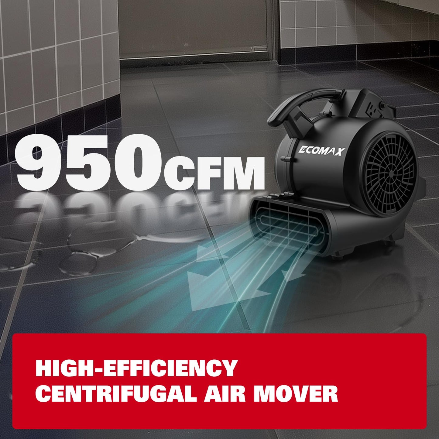 ECOMAX Air Mover, 950 CFM, Floor Fan, Carpet Dryer, Blower Fan, 3-Speed Mode, 3 Blowing Angles, Daisy Chain, Timing Function, for Water Damage Restoration, Flooding, Plumbing, Gym and Home, EMAM1090A
