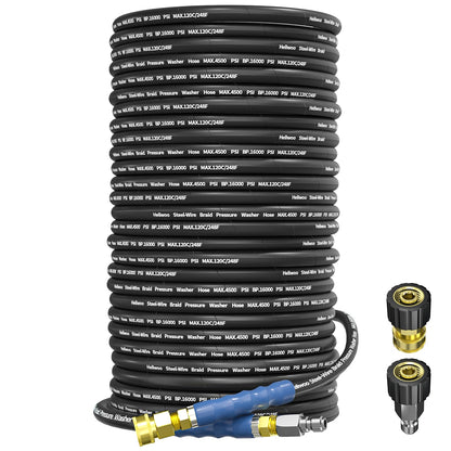 Heliwoo 3/8" Pressure Washer Hose 200 FT, Hot and Cold Water Power Washer Hose Max 248°F, Commercial Industrial Grade Steel Wire Braided Kink Proof Extension Hose -4500 PSI