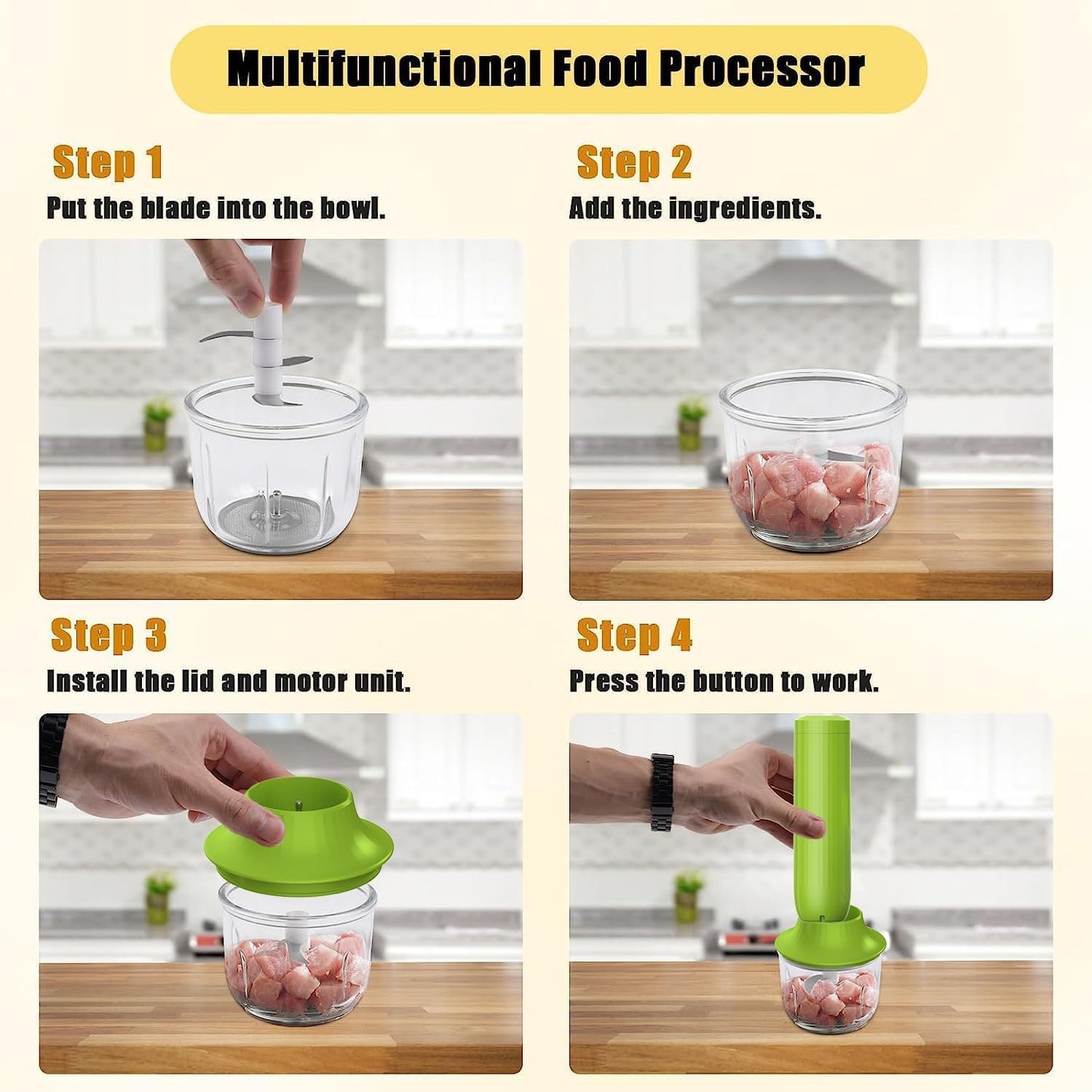 4-in-1 Electric Hand Mixer, Electric Whisk, Mini Onion Chopper 10Oz, Small Cordless Hand Blender, Milk Frother Wand for Coffee, Matcha, 4 Speed Rechargeable Food Processor for Baby Food Maker