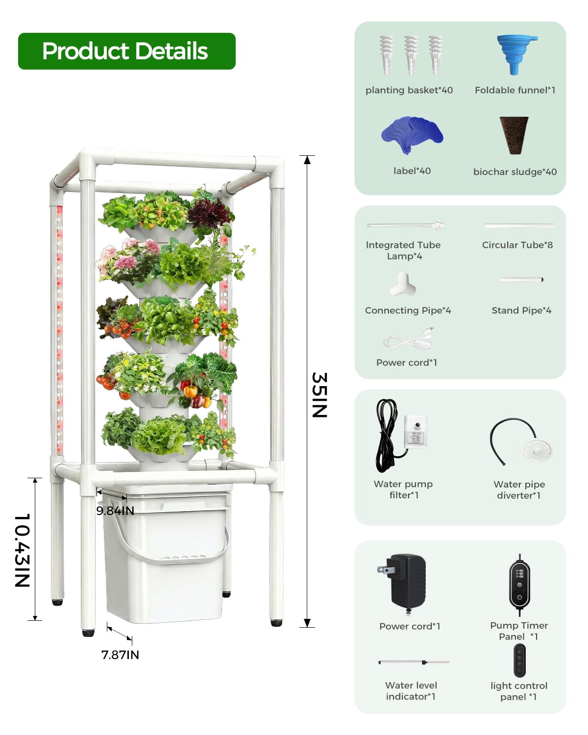 SJZX Hydroponics Growing System, Hydroponic Tower with Full-Spectrum Grow Lights, 5/14Tiers Indoor Outdoor Garden Planter, Vertical Home Gardening Germination Kits for Vegetables, Fruits, Herb (5L6H)