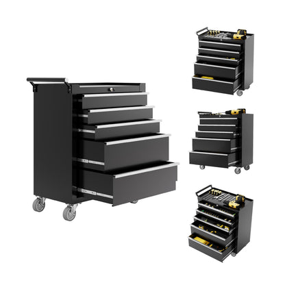 SierraSquad Rolling Tool Chest, 5-Drawer Tool Storage Cabinet, Tool Box with Wheels, Lock System and Drawer Liners, Tool Cart for Warehouse, Workshop and Repair Shop, Black