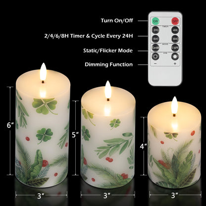 JOIONE Flameless Pillar Candles with Remote, 3 Pack Battery Operated Real Wax Green LED Candles, Perfect for Spring Summer Home Decorations Fireplace Table, Shamrock