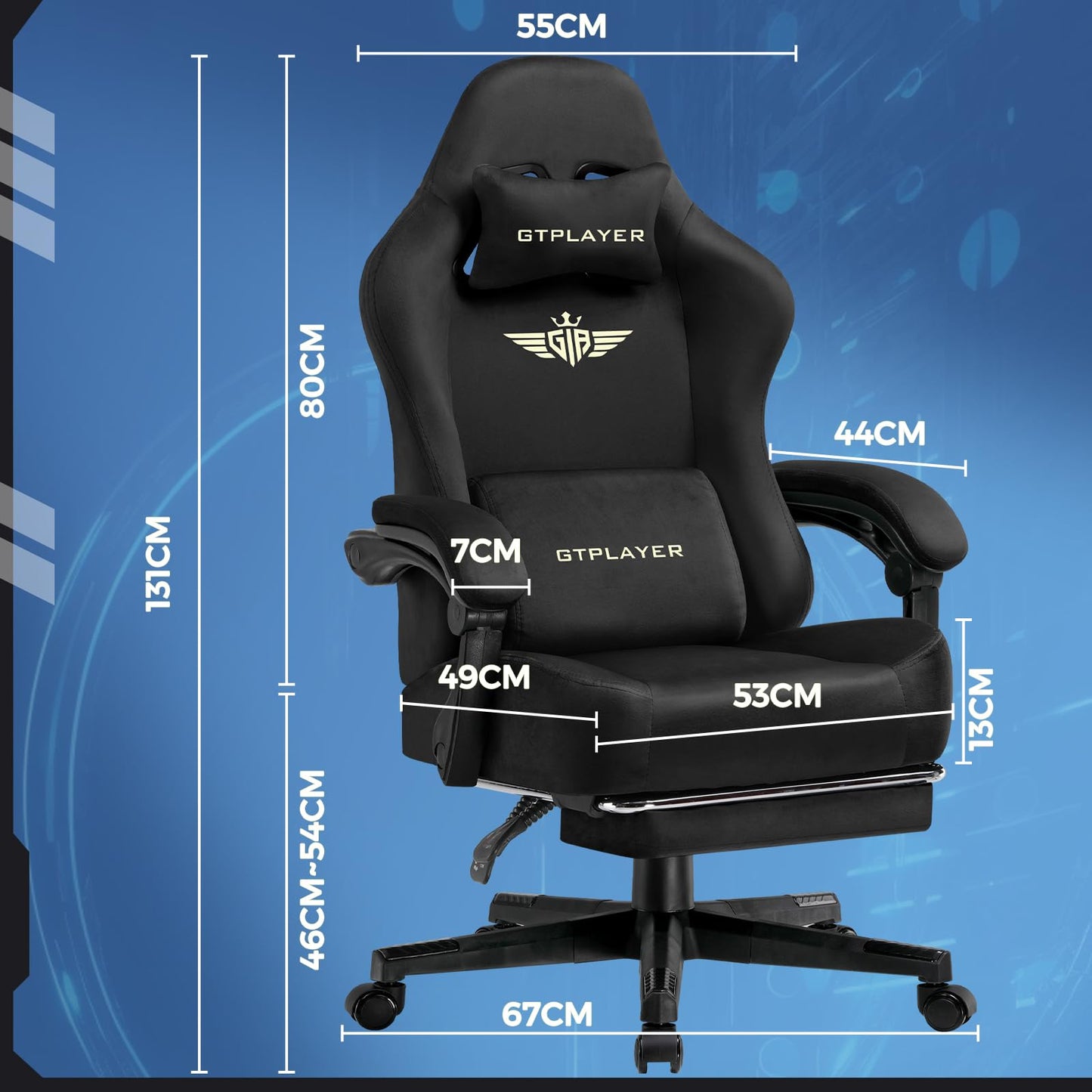 GTPLAYER Gaming Chair Fabric with Pocket Spring Cushion, High Back Ergonomic Computer Chair with Footrest for Adults Lumbar Support Swivel Game Chair for Office Gaming 350LBS, Black