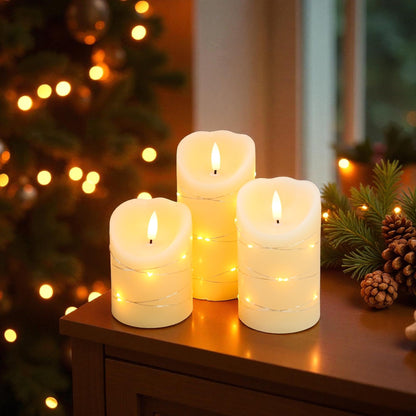 JHY DESIGN Flickering Flameless Candles Real Wax Electric with Embedded String Lights, Battery Operated Pillar LED Candles for Gift, Christmas & Home Decorations, with Remote & Timer, Set of 3(Ivory)