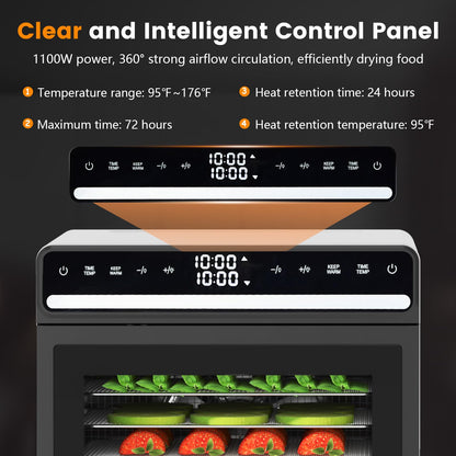 Dual Chamber Food Dehydrator, 12 Stainless Steel Trays, 1100W, Independent Temperature & Time Control for Two Chambers, Flavor Separation Perfect for Jerky, Fruit, Vegetables, Pet Treats