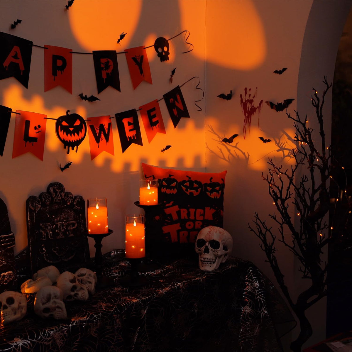 Homemory Halloween Orange Flameless Candles with String Lights, Battery Operated LED Candles with Remote and Timer, Candles for Halloween Decoration, Fall, Harvest Festival