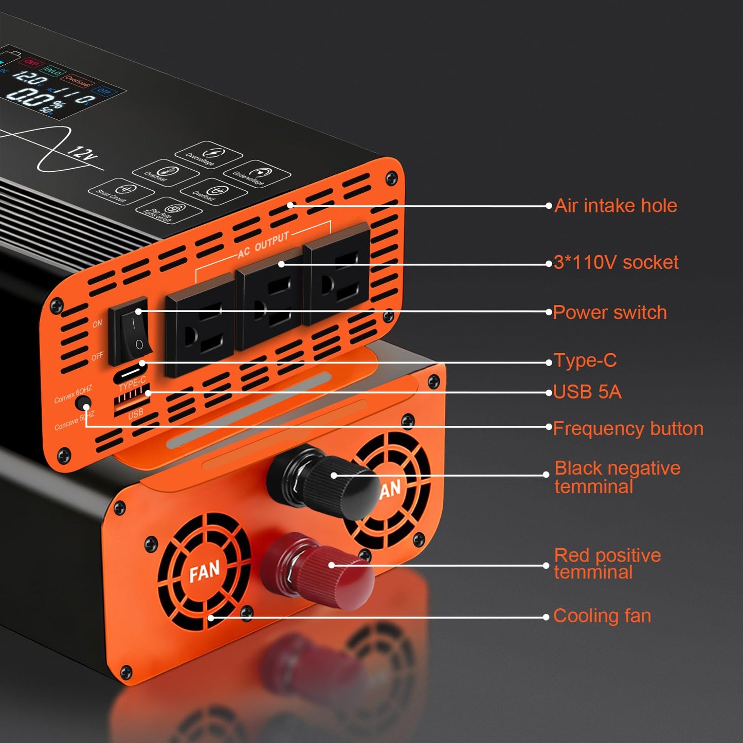 2000 Watt Pure Sine Wave Inverter,12V DC to 110V AC Power Inverter with 3 AC Outlets & 2 USB Ports, for Home Emergency, Solar System, Off-Grid Cabin