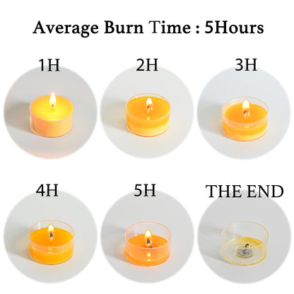 MUUFAZA 12 Unscented Natural Soy Tealight Candles in Clear Cups, 5H Long Clean Burning, Hand-Poured Yellow Mini Tea Candle Set for Parties, Spa, Meditation, Gift, Holiday, Emergency, Home Decor
