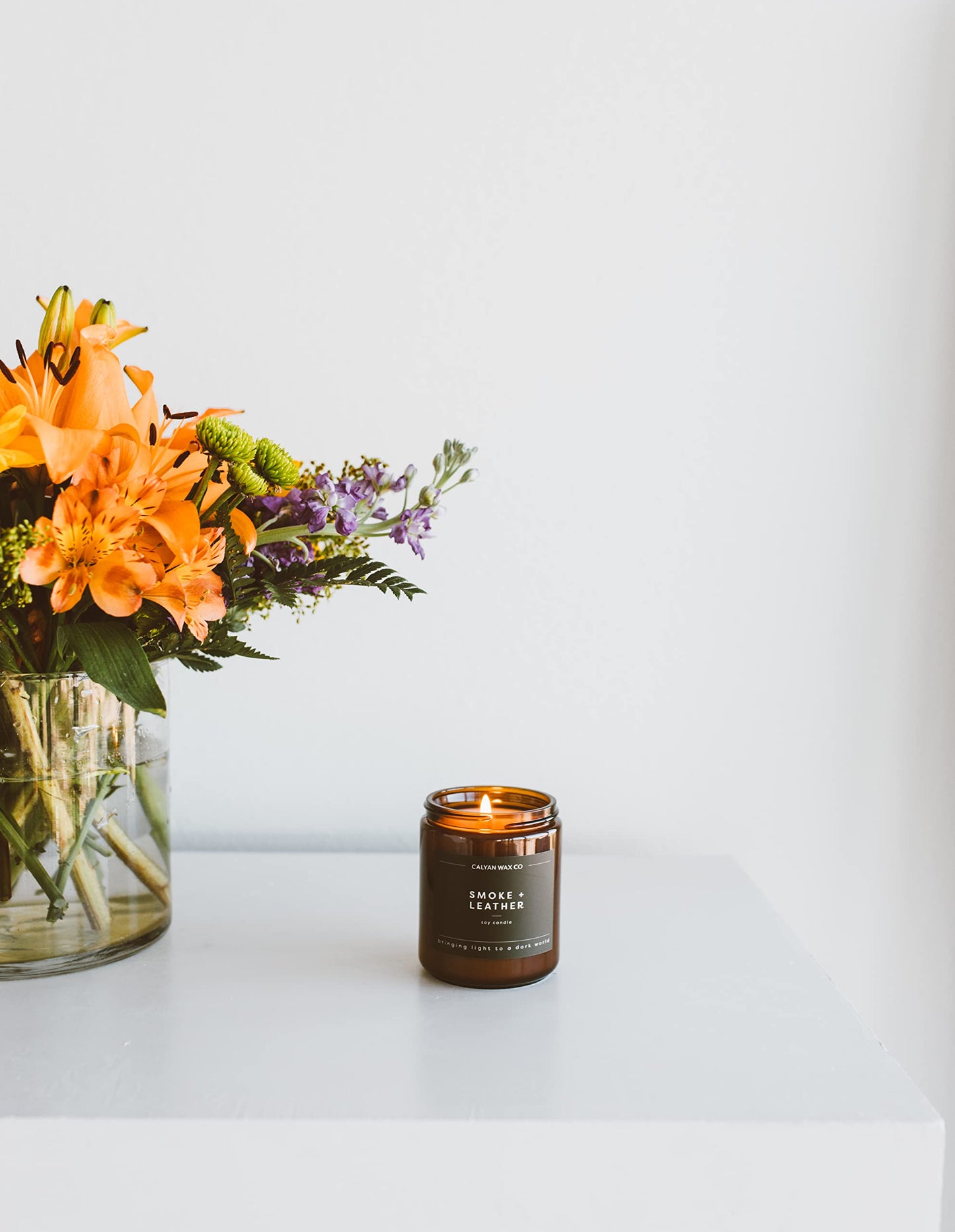 Calyan Wax Co. Smoke & Leather Scented Candle - 57 Hour Burn - Luxury Clean Soy Wax Candles - Long Lasting Amber Glass Jar Candle for Home - 7.2oz