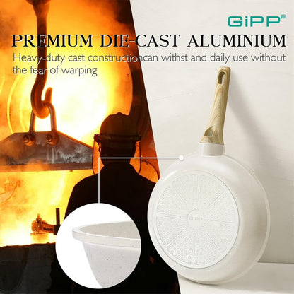 GiPP 21Psc Pots and Pans Set Non Stick - White Granite Kitchen Cookware Sets Nonstick Induction Cookware Non-toxic Cooking Pan Set with Silicone Utensils, PFOS and PFOA Free