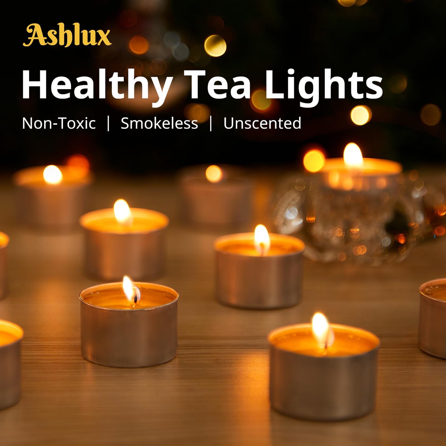 Ashlux Unscented Palm Tea Lights Candles 100 Pack Bulk, 8 to 9 Hours Long Burning White Tea Lights,Non-Paraffin, Smokeless, Mini Tealight Candles for Wedding, Table Centerpiece, Party, Power Outages