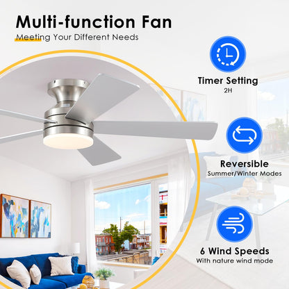 BYKISTOK 46IN Ceiling Fan with Lights and Remote/APP - Flush Mount Low Profile Ceiling Fan Light with 3CCT Dimmable, 6 Speeds Reversible, Modern Fan Light Fixture for Indoor, Covered Patios, Nickel