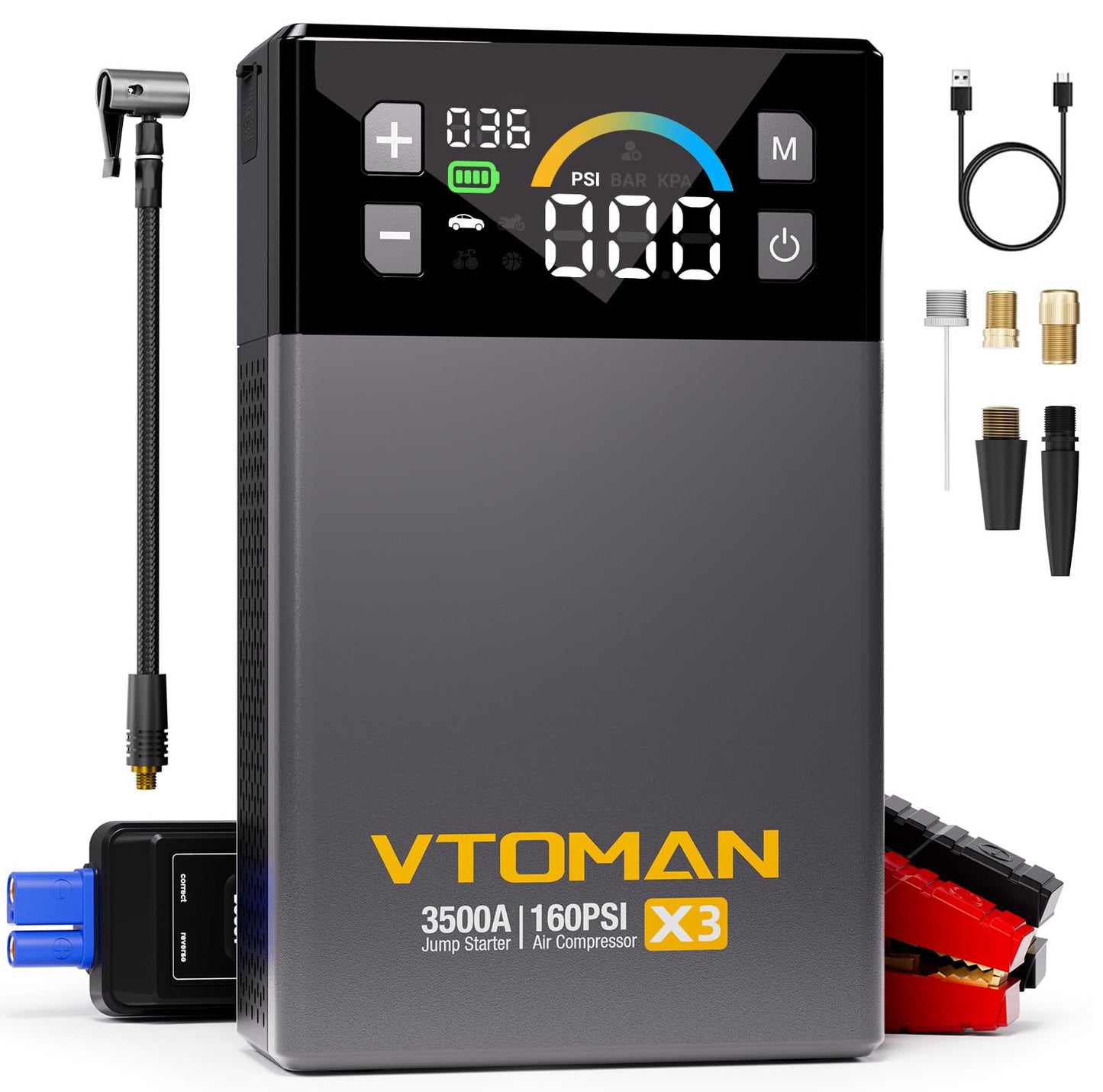 VTOMAN X3 Jump Starter with Air Compressor, 3500A Portable Car Battery Jumper Starter (9L Gas/8.5L Diesel Engines) with 160PSI Auto-Shutoff Tire Inflator, 12V Lithium Battery Booster Pack, Jump Box