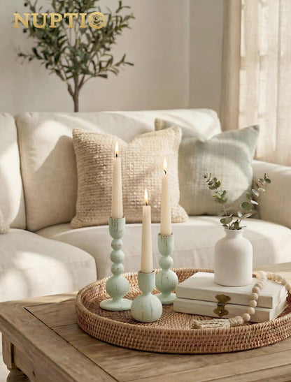 NUPTIO Candle Stick Holders Decor: Set of 3 Farmhouse Wooden Taper Candle Holders - Rustic Sage Green for Home Coffee Dinner Table