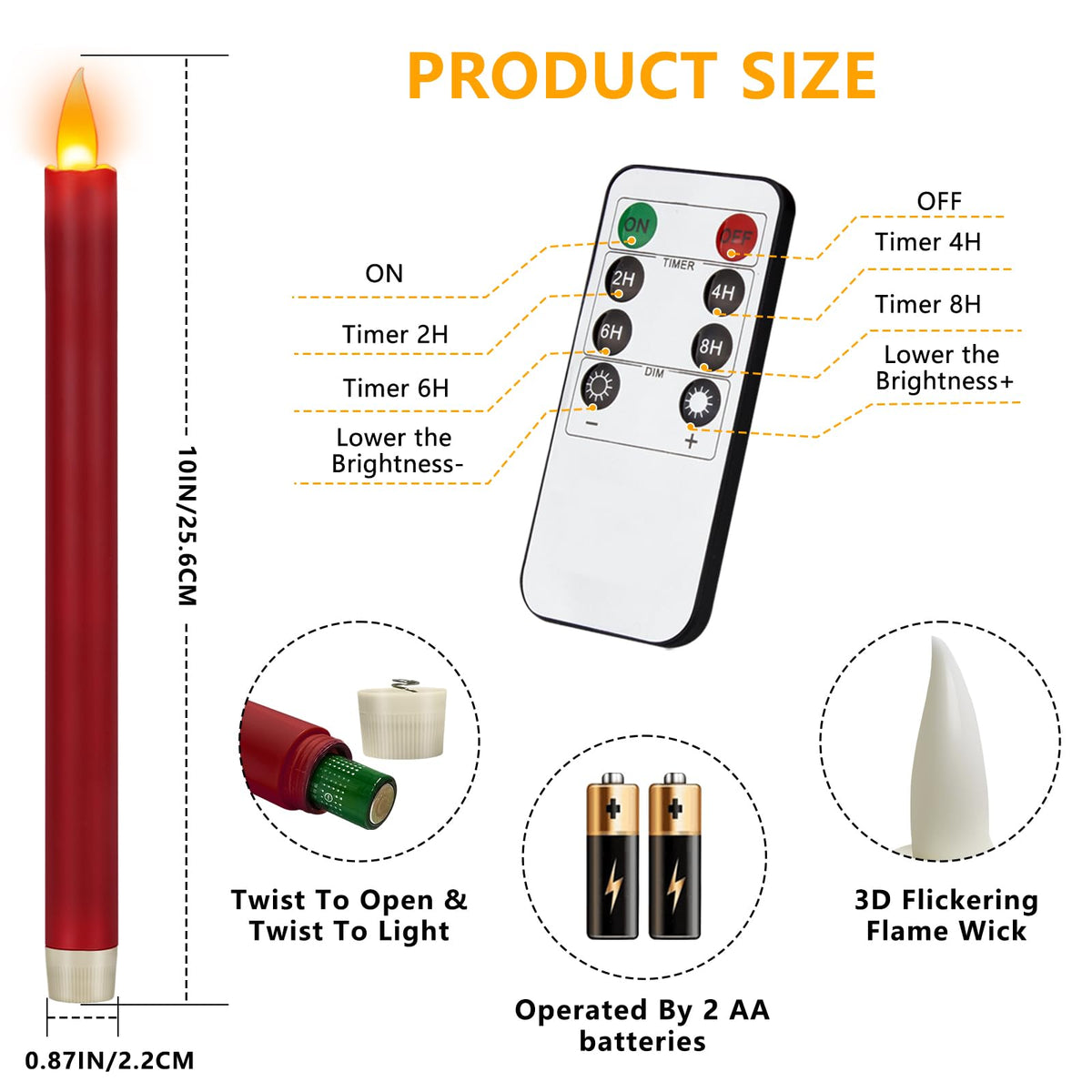 Flameless Taper Candles 10" Dripless Battery Operated Taper Candles Included Remote Timer 400+ Hours by 2AA Batteries for Halloween Christmas Wedding (Burgundy, 24 Pack)
