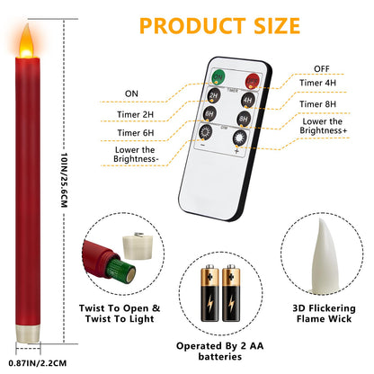 Flameless Taper Candles 10" Dripless Battery Operated Taper Candles Included Remote Timer 400+ Hours by 2AA Batteries for Halloween Christmas Wedding (Burgundy, 24 Pack)