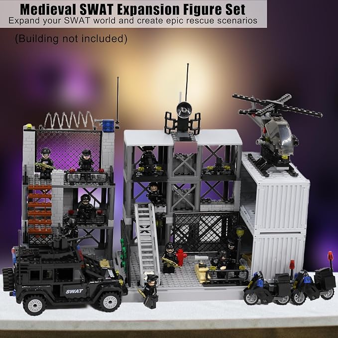 SWAT Set with 12 SWAT Officers 2 Mounted Police with Horse – 1 Helicopter 1 Armored SWAT SUV Vehicleand 2 MotorcycleSafe &amp Durable ABS – Great Gift for Kids Boys and Collectors