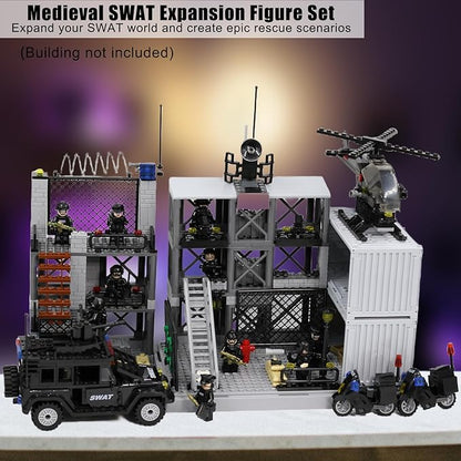 SWAT Set with 12 SWAT Officers 2 Mounted Police with Horse – 1 Helicopter 1 Armored SWAT SUV Vehicleand 2 MotorcycleSafe &amp Durable ABS – Great Gift for Kids Boys and Collectors