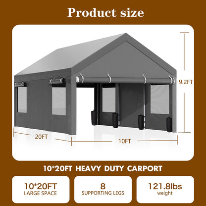 Nuturelly 10x20 FT Carport, Heavy Duty Carport Canopy with Roll-up Windows, Portable Garage with Removable Sidewalls & Doors, Car Canopy with All-Season PE Tarp for Car, Truck, Boat, Gray