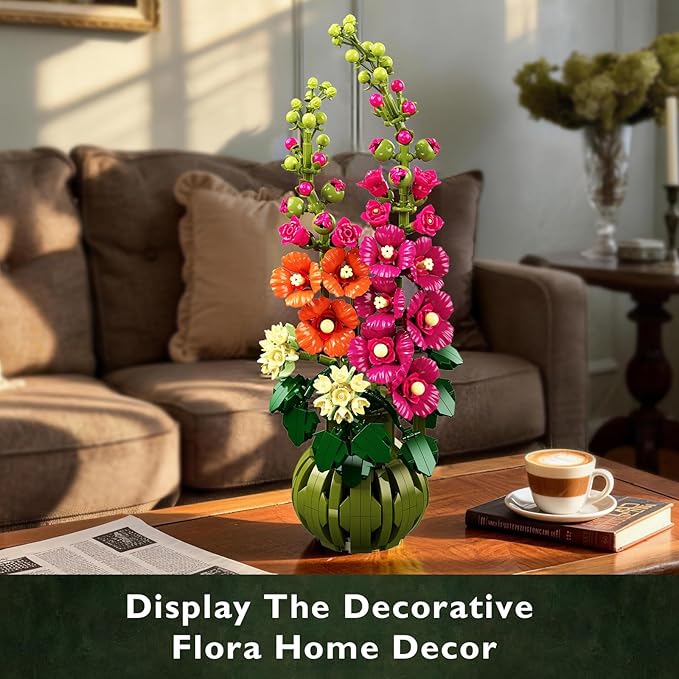 Flowers Botanicals Alcea Rosea Building Set for Adults - Artificial Bonsai Plant for Home Office Décor 974PCS Flower Building Block Indoor Decoration Birthday Easter Gift for Wife Women