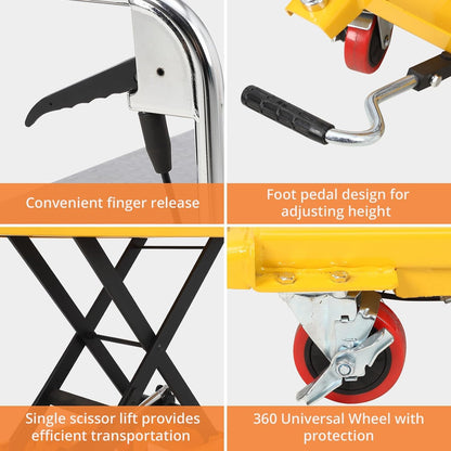 GarveeTech 330 LBS Hydraulic Lift Table Cart,Manual Single Scissor Lift Table Capacity 28.4 in with 4 Wheels and Non-Slip Pad for Material Handling and Transportation,Yellow