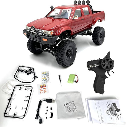 RC Rock Crawler WPL C64-1 RC Truck 1:16 Scale 2.4GHz Remote Control Truck 4WD All Terrain Off-Road RC Crawler with LED Lights and 2 Rechargeble Batteries for Adults (Red)