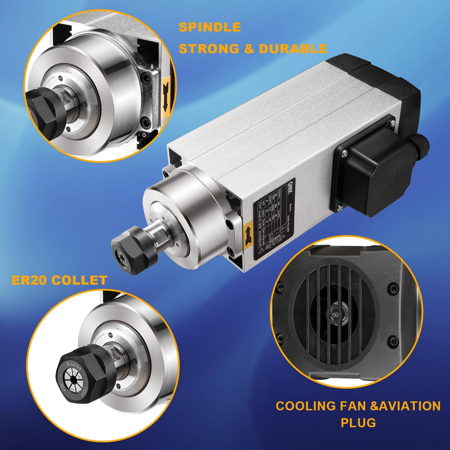 QNK CNC Spindle Motor, 3KW Air Cooled Spindle Motor 220V ER20 18000RPM, High Speed 10A 300Hz Air Cooled Round for CNC Router Engraver Milling Machine