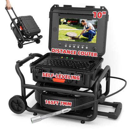 Sanyipace Self-Leveling Sewer Camera 165FT/50M with Wheels and Retractable Handle, Drain Camera with 512Hz Probe, Meter Counter, Video & Audio Record Speaker, Keyboard Input, 5X Zoom, 10" HD Screen