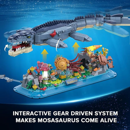 Mosasaurus Building Set with LED Light 1219 PCS Movable Ocean Animal Building Block Toy with Nautiluses Jellyfish Squid Coral Reef Ancient Reptile Home Decor Gift for Adults Teens Boys 12+