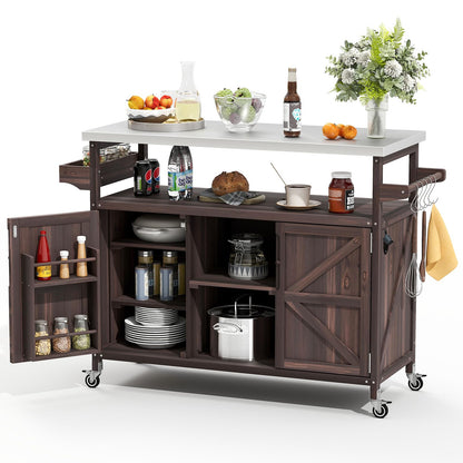Zevemomo Outdoor Grill Cart with Storage Space, Stainless Steel Tabletop Outdoor Kitchen Island, Fir Wood Outdoor Buffet Cabinet with Lockable Casters for Grilling, Brown