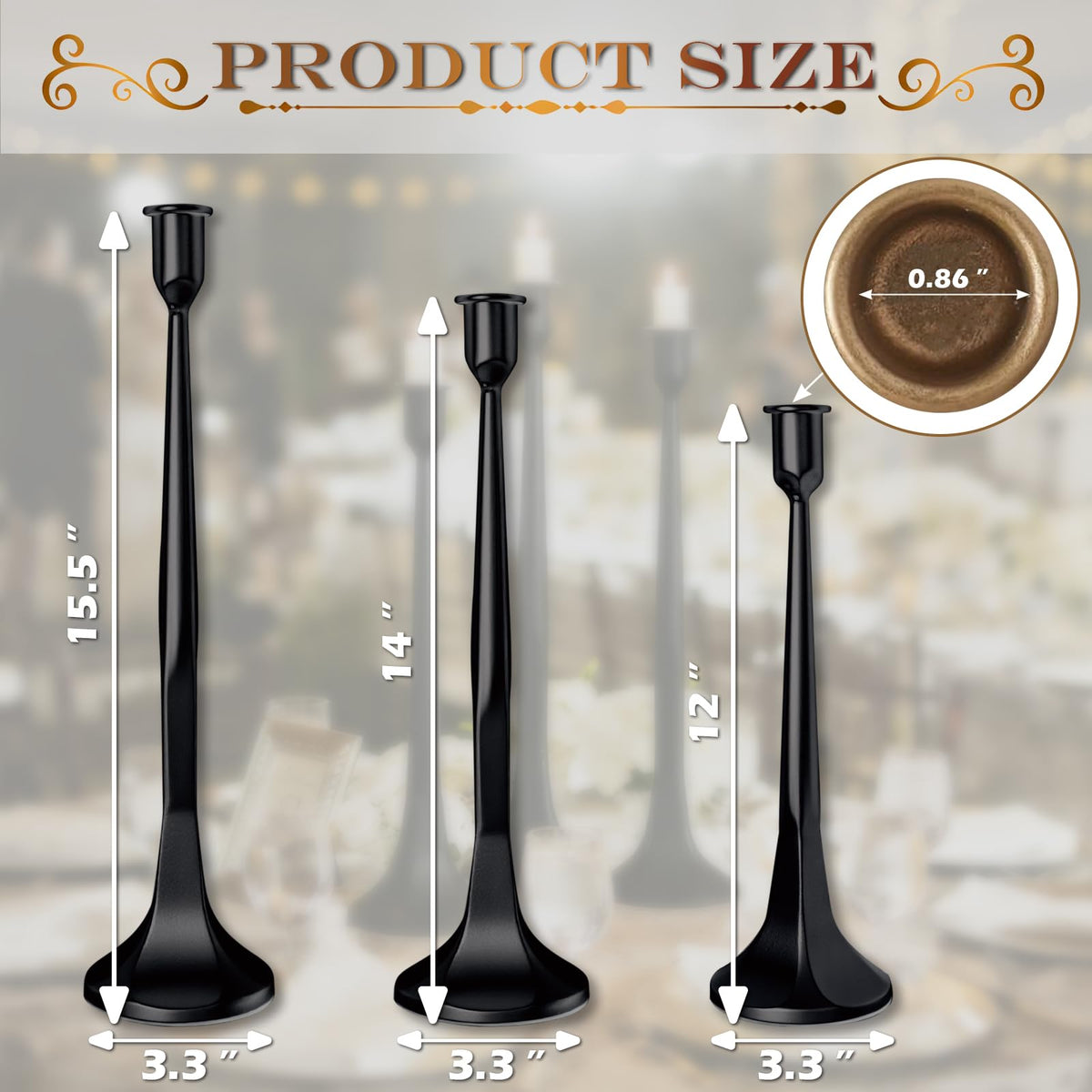 LAJIAOZ Antique Iron Taper Candle Holder Set of 3, Decorative Candlestick Holders for Dining Table, Wedding Centerpiece, Farmhouse & Modern Home Decor, Metal Candle Stands(12" 14" 15.5")(Black)