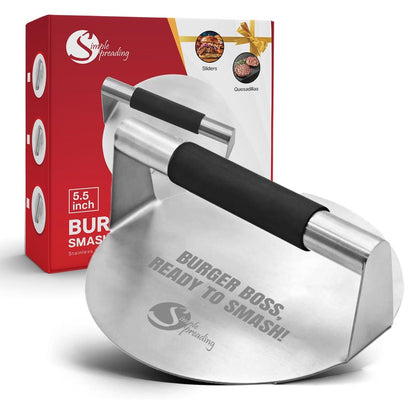 Simple preading Smash Burger Press with Fun Quotes - Stainless Steel Hamburger Smasher for Griddle & Grill Press, Perfect for BBQ, Flat Tops, Patty Making, (5.5" XL, Burger Boss)
