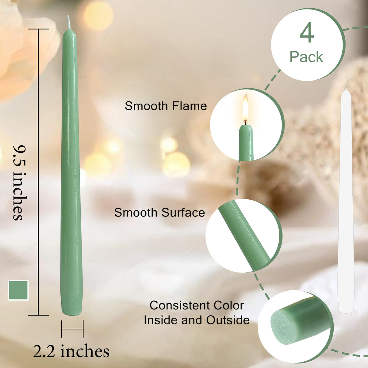 10 Inch Rustic-Chic Sage Green Taper Candles Unscented Smokeless Sage Green Taper Candles Handmade Perfect for Weddings Dinner Parties Home Décor Farmhouse & Boho Style