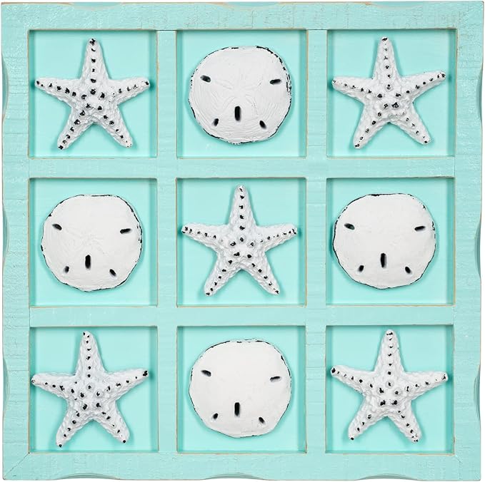 Beach Tic Tac Toe - 9 X 9 Seafoam Blue Tic Tac Toe Decor Home W/White Resin Starfish &amp Sand Dollars - Real Wooden Tic Tac Toe - Tic Tac Toe Coffee Table - Nautical Décor