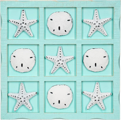 Beach Tic Tac Toe - 9 X 9 Seafoam Blue Tic Tac Toe Decor Home W/White Resin Starfish &amp Sand Dollars - Real Wooden Tic Tac Toe - Tic Tac Toe Coffee Table - Nautical Décor