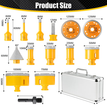 14Pcs Diamond Tile Hole Saw Kit,6/6/8/20/25/35/50/75/100MM Core Drill Bits Set with 2" Chamfer Bits and 4.9" Diamond Blades for Marble Ceramic Porcelain Tile