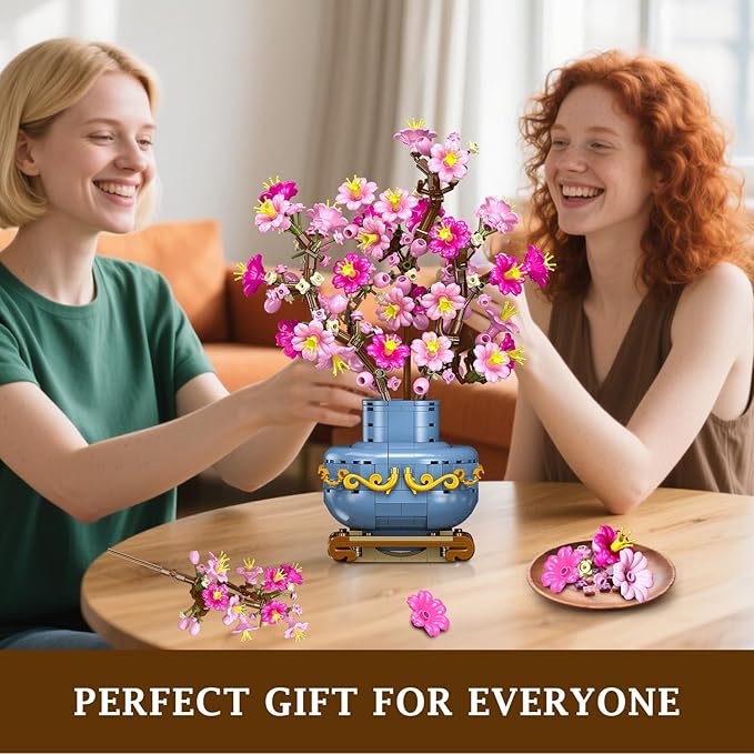 HOGOKIDS Flowers Cherry-Blossom Bonsai Building Set - 2 in 1 Artificial Bonsai Tree Plants for Home Decor &amp Display Cherry Botanical Building Blocks Birthday Easter Gift for Adults Teens (775PCS)