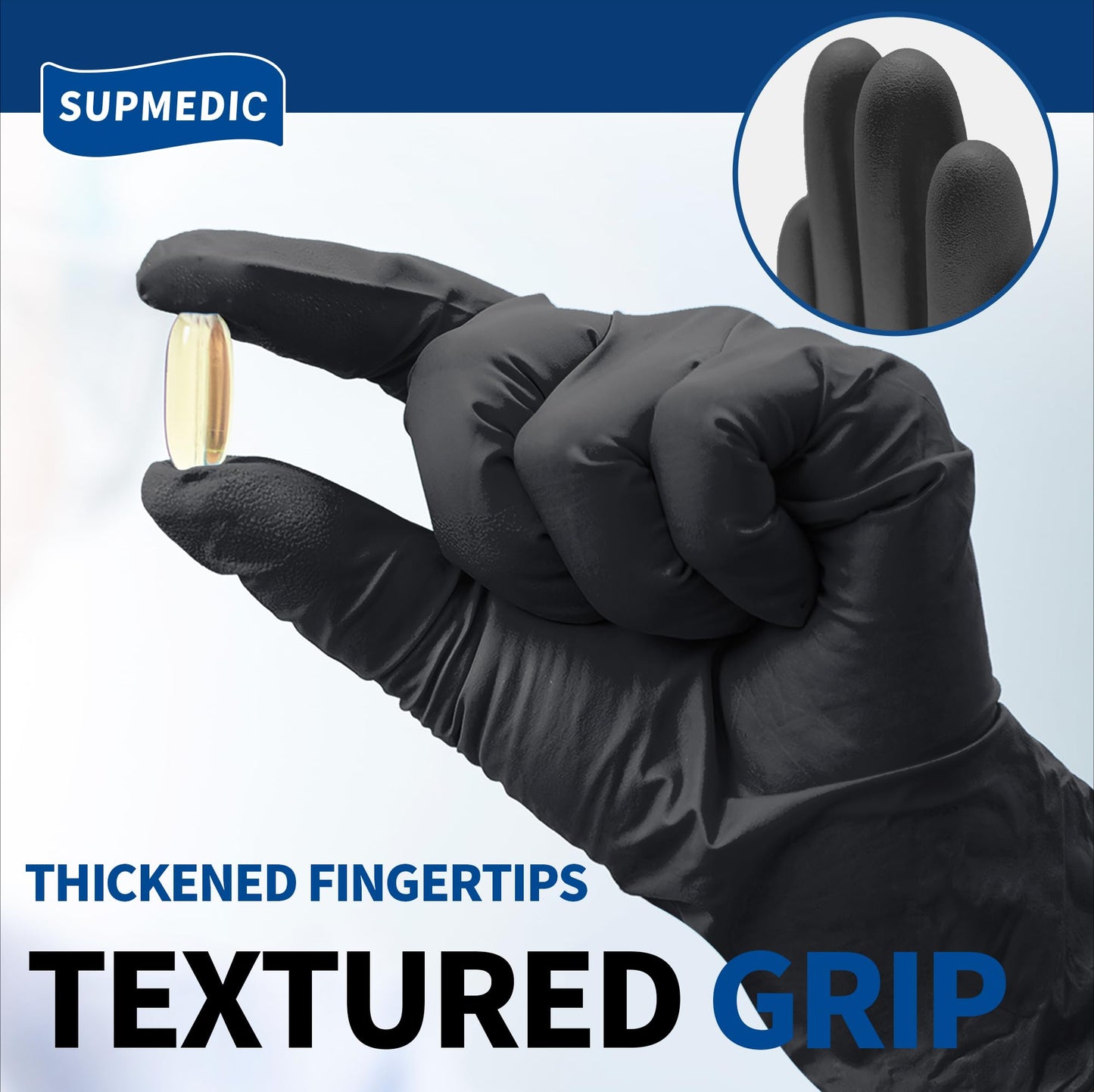 Supmedic Disposable Nitrile Gloves, Chemical Resistant, Powder-Free, Latex-Free, Food Safe, Medical Exam Gloves, Black, Large, 100 Pcs