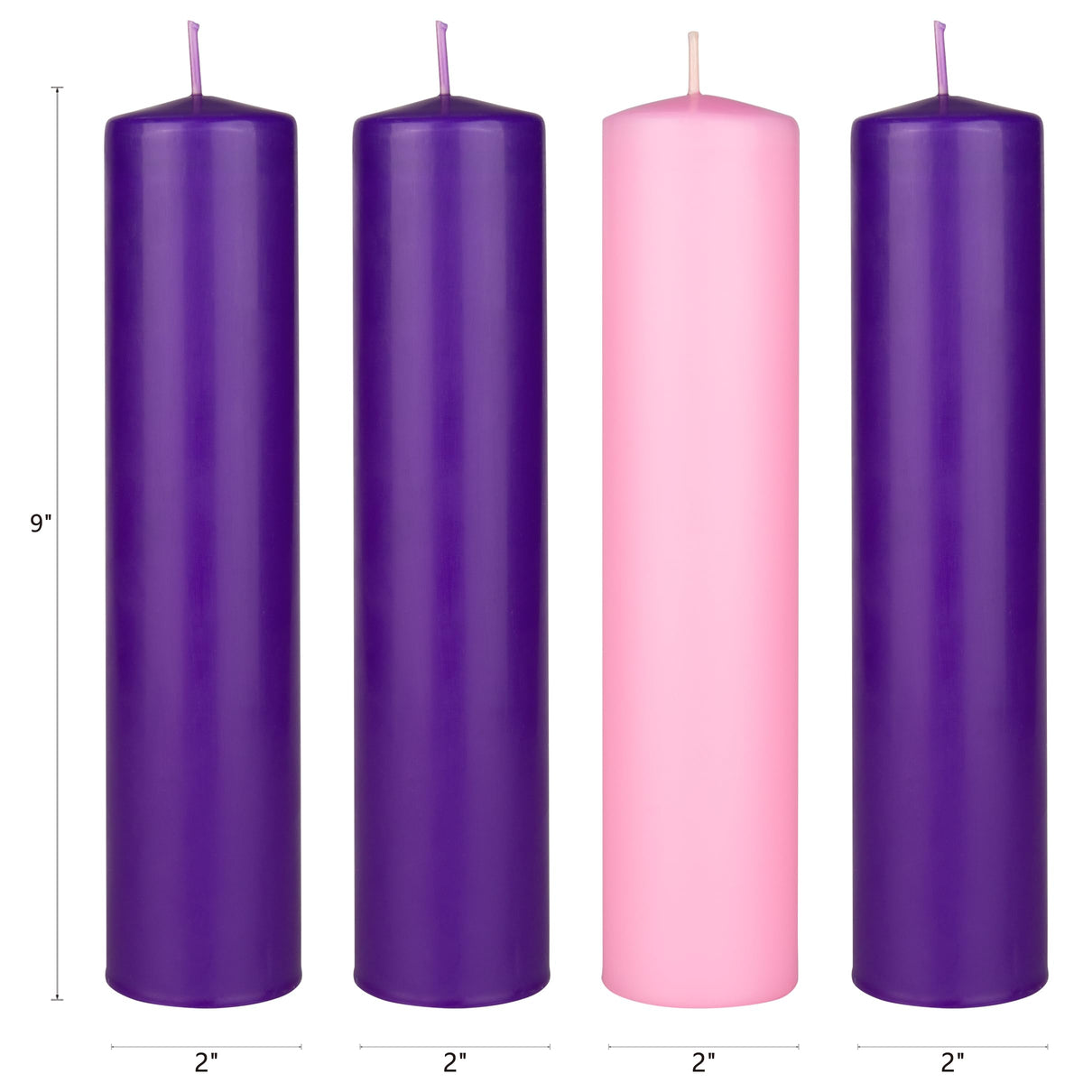 Mega Candles 4 pcs Unscented Christmas Advent Candles Set, Hand Poured Premium Wax Dome Top Round Pillar Candle 2 Inch x 9 Inch, Holidays, Festivities, Devotional, Church, Wreath, Party, Gifts