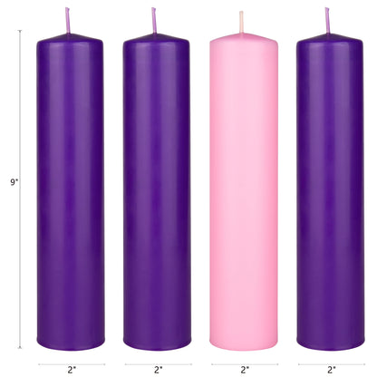 Mega Candles 4 pcs Unscented Christmas Advent Candles Set, Hand Poured Premium Wax Dome Top Round Pillar Candle 2 Inch x 9 Inch, Holidays, Festivities, Devotional, Church, Wreath, Party, Gifts