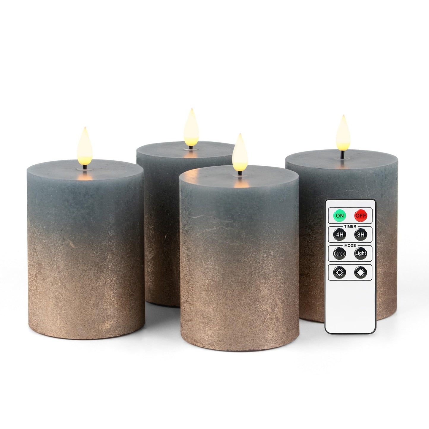 Fanna Flameless LED Pillar Candles with Timer for Wreath, Battery Operated Rustic Wax Candles with Remote for Christmas, 8 Batteries Included - Set of 4 (D 3" x H 4") - Misty Blue/Copper