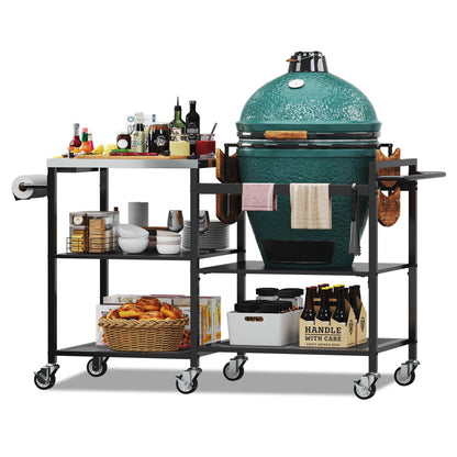 TC-HOMENY Grill Table for Big Green Egg Stand, Metal Cooking Table Stand with Wheels, Heavy Duty Outdoor Movable Style BBQ Grill Cart, Grill Holder Compatible with Large Big Green Egg and Other Models
